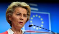 European Commission President Ursula von der Leyen addresses the media on the second day of a European Union leaders summit at the Europa building in Brussels, Belgium October 2, 2020. John Thys/Pool via REUTERS