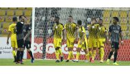 Qatar SC players celebrate a goal against Al Sadd during their Round 2 fixture last week. 