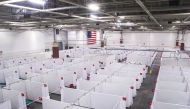 An overhead view shows a field hospital known as an Alternate Care Facility set up at the state fair ground as cases of coronavirus disease (COVID-19) cases spike in the state near Milwaukee, Wisconsin, U.S., October 12, 2020. Picture taken October 12, 20