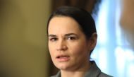 Belarusian opposition leader Svetlana Tikhanovskaya attends a press conference after meeting with Canadian Foreign Minister Francois-Philippe Champagne at the Kempinski hotel in Vilnius, Lithuania, on October 16, 2020. / AFP / PETRAS MALUKAS