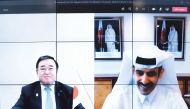 The Minister of State for Energy Affairs, H E Saad Sherida Al Kaabi (right), speaking with Japan’s Minister of Economy, Trade & Industry, H E Kajiyama Hiroshi, virtually, yesterday.  