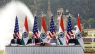 India's Defence Minister Rajnath Singh speaks next to U.S. Secretary of State Mike Pompeo, U.S. Secretary of Defence Mark Esper and India's Foreign Minister Subrahmanyam Jaishankar during a joint news conference after their meeting at Hyderabad House in N