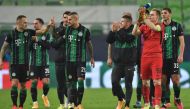 Ferencvaros' players react after the UEFA Champions League Group G football match between Ferencvarosi TC and FC Dynamo Kyiv at the Ferencvaros Stadion in Budapest on October 28, 2020. / AFP / Attila KISBENEDEK
