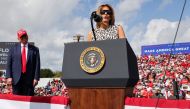 First lady Melania Trump speaks during U.S. President Donald Trump's campaign rally outside Raymond James Stadium, in Tampa, Florida, U.S., October 29, 2020. REUTERS/Jonathan Ernst
