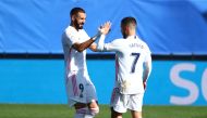 Real Madrid's Eden Hazard celebrates scoring their first goal with Karim Benzema REUTERS/Javier Barbancho