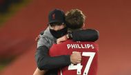 October 31, 2020 Liverpool manager Juergen Klopp celebrates after the match with Nathaniel Phillips Pool via REUTERS/Peter Powell