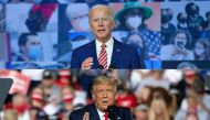 (COMBO) This combination of pictures created on October 30, 2020 shows Democratic presidential nominee and former Vice President Joe Biden delivers remarks on Covid-19 at The Queen theater on October 23, 2020 in Wilmington, Delaware and US President Donal