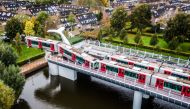 An aerial photo taken in Spijkenisse, on November 2, 2020 shows a metro train that shot through a stop block at De Akkers metro station, without making any casualty. Netherlands OUT / AFP / ANP / Jeffrey Groeneweg