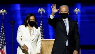 Democratic vice-presidential nominee Kamala Harris and Democratic 2020 U.S. presidential nominee Joe Biden greet supporters at an election rally, after news media announced that Biden has won the 2020 U.S. presidential election, in Wilmington, Delaware, U
