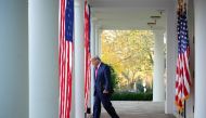 US President Donald Trump arrives to deliver an update on 