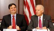 FILE PHOTO - U.S. Vice President Joe Biden (R) is joined by Ebola Response Coordinator Ron Klain (L) in the Eisenhower Executive Office Building on the White House complex in Washington, U.S. November 13, 2014. REUTERS/Larry Downing/File Picture
