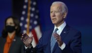 WILMINGTON, DELAWARE - NOVEMBER 09: U.S. President-elect Joe Biden speaks to the media while flanked by Vice President-elect Kamala Harris, after receiving a briefing from the transition COVID-19 advisory board on November 09, 2020 at the Queen Theater in