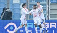 AC Milan's Portuguese forward Rafael Leao (C) celebrates after opening the scoring during the Italian Serie A football match Sassuolo vs AC Milan on December 20, 2020 at the Mapei stadium in Sassuolo. / AFP / Alberto PIZZOLI