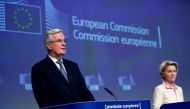European Union's chief Brexit negotiator Michel Barnier gives a statement on the outcome of the Brexit negotiations next to European Commission President Ursula von der Leyen, in Brussels, Belgium December 24, 2020. Francisco Seco/ via REUTERS