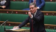 A handout photograph released by the UK Parliament shows Britain's main opposition Labour Party leader Keir Starmer gesturing as he replies to the opening remarks from Britain's Prime Minister Boris Johnson during the debate on the second reading of the E