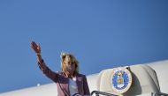 U.S. first lady Jill Biden waves upon arriving at Erie International Airport, Pennsylvania, U.S., March 3, 2021. Mandel Ngan/Pool via REUTERS
