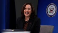 FILE PHOTO: U.S. Vice President Kamala Harris? smiles after delivering a keynote address to the House Democratic Caucus virtually on camera from the Eisenhower Executive Office Building at the White House in Washington, U.S. March 2, 2021. REUTERS/Jonatha
