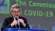 EU commissioner for internal market and consumer protection, industry, research and energy Thierry Breton speaks during a press conference following a college meeting to introduce draft legislation on a common EU COVID-19 vaccination certificate at the EU