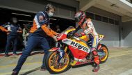 Marc Marquez prepares to ride an RC213V-S Honda track bike as he steps up his training at the Algarve Circuit in Portugal, following a long injury lay-off.