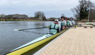 Cambridge University rowers prepare for the annual boat race against Oxford which due to the coronavirus disease (COVID-19) restrictions is held this year in Ely, Cambridgeshire, Britain March 24, 2021. Picture taken March 24, 2021. REUTERS/Alexander Smit