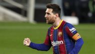 Barcelona's Lionel Messi celebrates scoring their fourth goal REUTERS/Albert Gea
