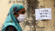 A notice about the shortage of coronavirus disease (COVID-19) vaccine supplies is seen at a vaccination centre, in Mumbai, India, April 8, 2021. REUTERS/Francis Mascarenhas/File photo