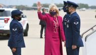 US First Lady Jill Biden makes her way to board a plane before departing from Andrews Air Force Base to travel to New Mexico and Arizona, in Maryland, U.S. April 21, 2021.Mandel Ngan/Pool via REUTERS