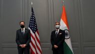 U.S. Secretary of State Antony Blinken attends a news conference with India's Foreign Minister Subrahmanyam Jaishankar following a bilateral meeting in London, Britain May 3, 2021 during the G7 foreign ministers meeting. Ben Stansall/Pool via REUTERS
