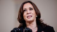 FILE PHOTO: U.S. Vice President Kamala Harris speaks in the Cross Hall at the White House in Washington, U.S., April 20, 2021. REUTERS/Tom Brenner/File Photo
