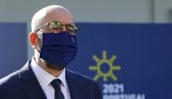 European Council President Charles Michel speaks to the press as he arrives at the Palacio de Cristal for an informal meeting in the framework of the European Social Summit in Porto, Portugal, May 8, 2021. Reuters/Violeta Santos Moura/Pool