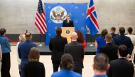 US Secretary of State Antony Blinken speaks to employees at the U.S. Embassy in Reykjavik, Iceland May 18, 2021. Saul Loeb/Pool via REUTERS