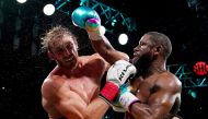 Floyd Mayweather Jr. (Green Trunks) fights Logan Paul (Yellow Trunks) during an exhibition boxing match at Hard Rock Stadium. (Jasen Vinlove-USA TODAY Sports)