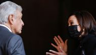 Mexico's President Andres Manuel Lopez Obrador and U.S. Vice President Kamala Harris. REUTERS/Carlos Barria
