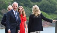 U.S. first lady Jill Biden wearing a jacket with the word 