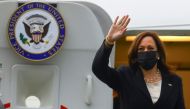 FILE PHOTO: U.S. Vice President Kamala Harris waves as she boards Air Force Two at Benito Juarez International airport following her first international trip as Vice President to Guatemala and Mexico, in Mexico June 8, 2021. REUTERS/Edgard Garrido/File Ph