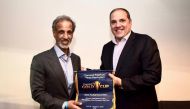 Victor Montagliani, President of Concacaf, presenting a
memento to Sheikh Hamad bin Khalifa bin Ahmed Al Thani,
President of the Qatar Football Association during a meeting
held on the sidelines of the Gold Cup in Houston, Texas, USA.