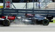 Formula One F1 - British Grand Prix - Silverstone Circuit, Silverstone, Britain - July 18, 2021 Red Bull's Max Verstappen leads at the start of the race ahead of Mercedes' Lewis Hamilton REUTERS/Peter Cziborra
