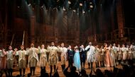 Actors greet the audience at the Richard Rogers theater during curtain call of the first return performance of Hamilton as Broadway shows begin to re-open to live audiences after being closed for more than a year due to the outbreak of the coronavirus dis