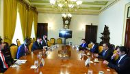 Minister of Commerce and Industry and Acting Minister of Finance H E Ali bin Ahmed Al Kuwari during a meeting with other delegates in the US, yesterday. 