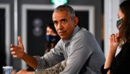 U.S. former President Barack Obama speaks as he attends a round table meeting at Strathclyde University during the UN Climate Change Conference (COP26), in Glasgow, Scotland, Britain, November 8, 2021. Reuters/Dylan Martinez