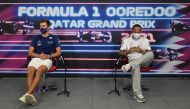 Williams’ George Russell and Mercedes’ Lewis Hamilton during a press conference yesterday.