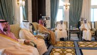 The Father H H Amir Sheikh Hamad bin Khalifa Al Thani H R H Prince Mohammed bin Salman bin Abdulaziz Al Saud, Crown Prince, Deputy Prime Minister and Minister of Defense of Saudi Arabia at the Amiri Diwan this morning.
