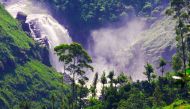 A breathtaking view of a waterfall in Sri Lanka.  
