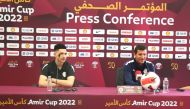 Al Sadd coach Javi Gracia and player Moustafa Tarek during a pre-match press conference yesterday.