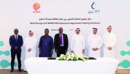 Minister of State for Energy Affairs, President & CEO of QatarEnergy, H E Saad Sherida Al Kaabi;  Namibia’s Minister of Mines and Energy H E Tom Alweendo and other dignitaries during the agreement signing event held in Doha, yesterday. 