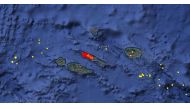 Satellite map shows seismic activity at Sao Jorge island after around 1,100 small earthquakes have rattled one of Portugal's mid-Atlantic volcanic islands in less than 48 hours in Azores islands, Portugal. March 21, 2022. CIVISA (Azore's Seismovolcanic Surveillance and Information Center) / Handout via REUTERS



