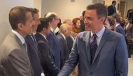 Sheikh Dr. Khalid bin Thani Al Thani greeting Spanish Prime Minister H E Pedro Sanchez.