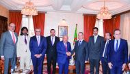 Algerian Minister of Agriculture and Rural Development H E Mohamed Abdel Hafeez Hani, Ambassador of Qatar to Algeria H E Abdulaziz Ali Ahmed Al Naama, and QBA Chairman Sheikh Faisal bin Qassim Al Thani with other officials during the meeting, in Algeria, recently. 