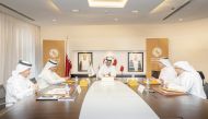 Arab Gulf Cup Football Federation President Sheikh Hamad bin Khalifa bin Ahmed Al Thani with the Executive Office members during yesterday's meeting.