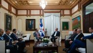 President of the Dominican Republic H E Luis Abinader meeting with Deputy Prime Minister and Minister of Foreign Affairs H E Sheikh Mohammed bin Abdulrahman Al Thani in Santo Domingo, on Monday. 
